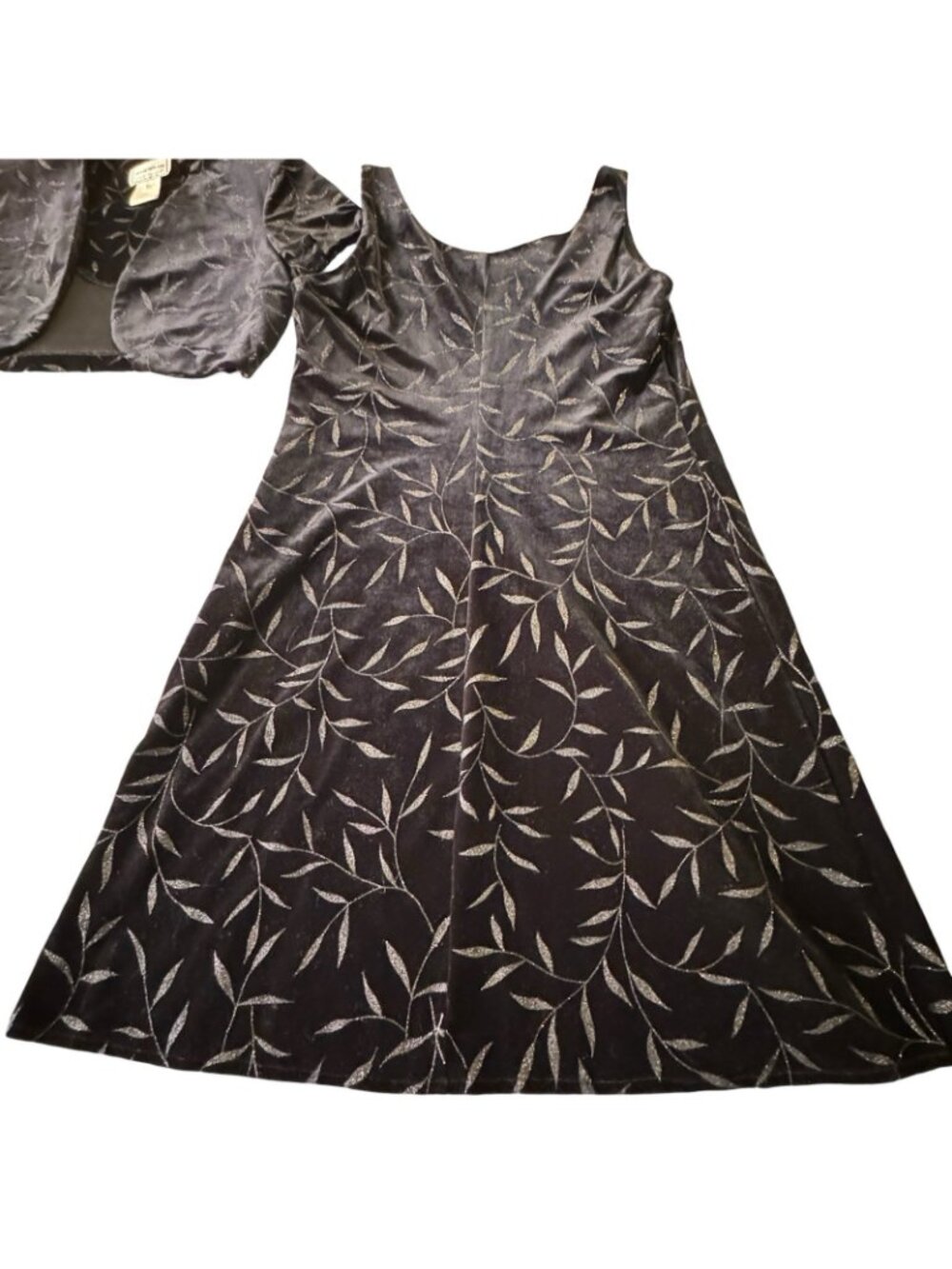 Evening Dress Women's Size 12 Petite Black Velvet Silver Leaves Sheath + Jacket - Picture 10 of 13